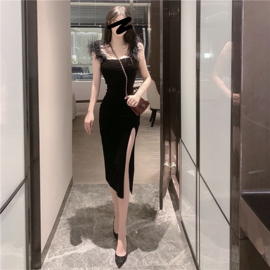 性感丝绒开叉修身连身裙